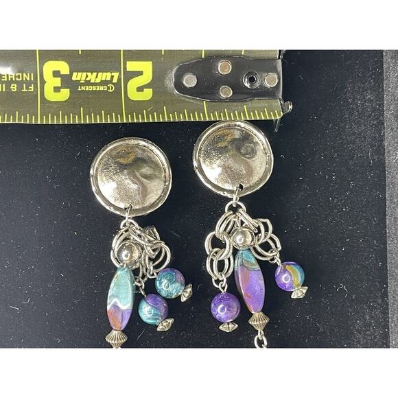 Vintage 80s Statement Silver & Beaded Teardrop Earrings Clip On Boho Western - Picture 5 of 5